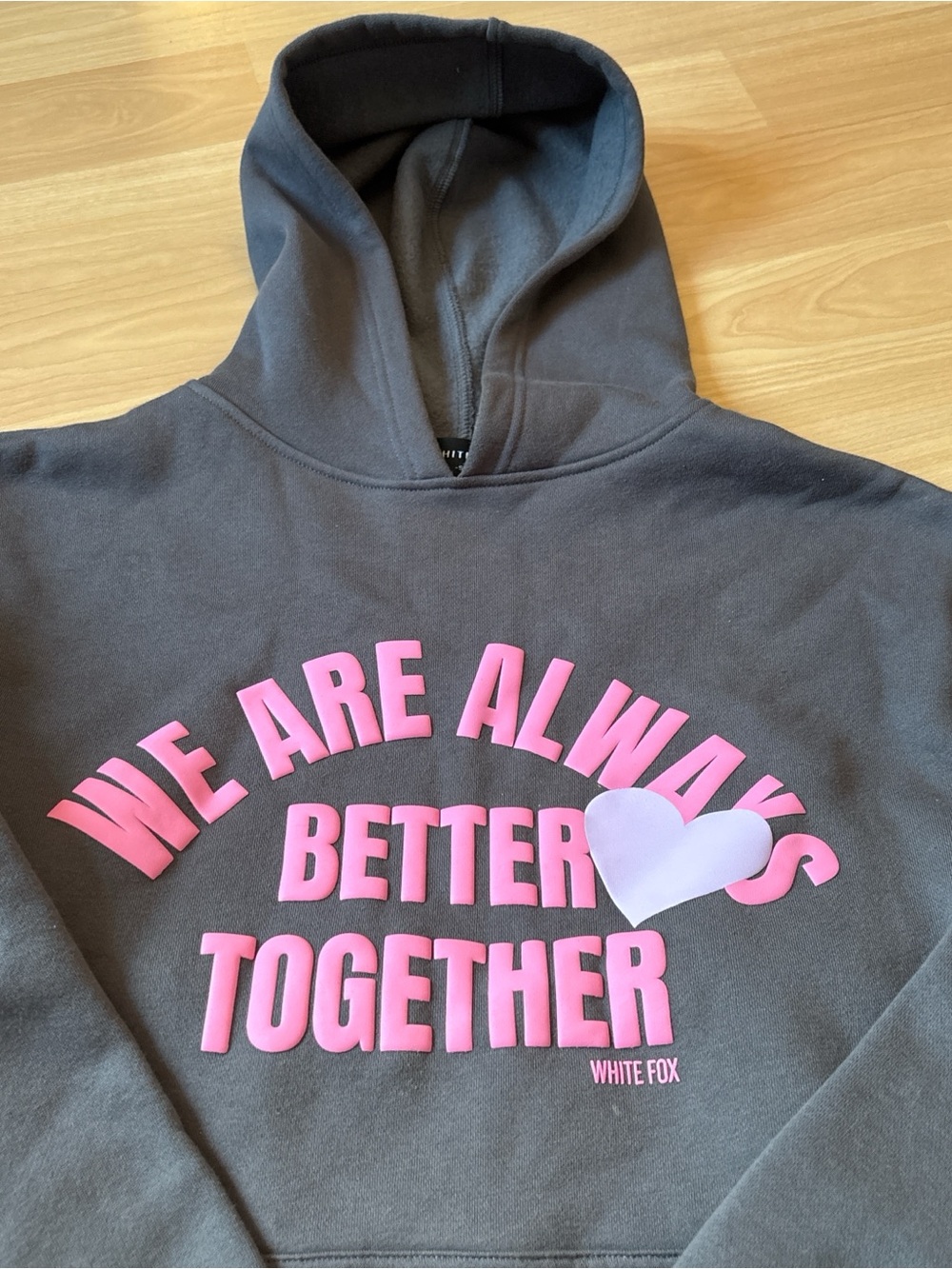 White Fox Boutique Charcoal Hoodie with Pink Lettering and Light Purple Heart